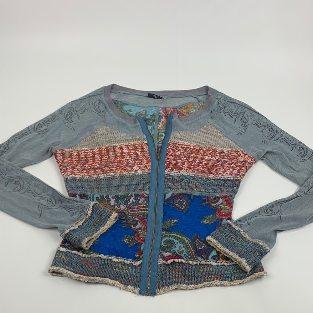 Dalin Colorful Patchwork Cardigan knit and shear sleeves Medium Zip up BOHO